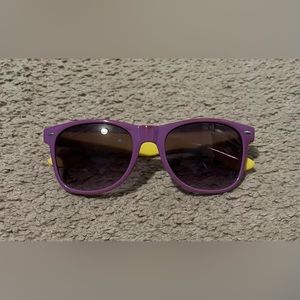 Purple and yellow wayfarer sunglasses